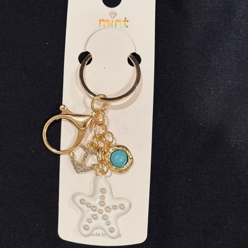 BAG CHARM Mint White Starfish Keychain In Gold-tone Bling Anchor Charms